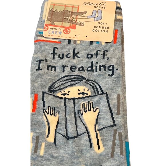Womens Crew Socks "F#@k Off Im Reading" Blue Q Size 5-10 Cotton/Nylon Crew Heigh - Picture 2 of 4